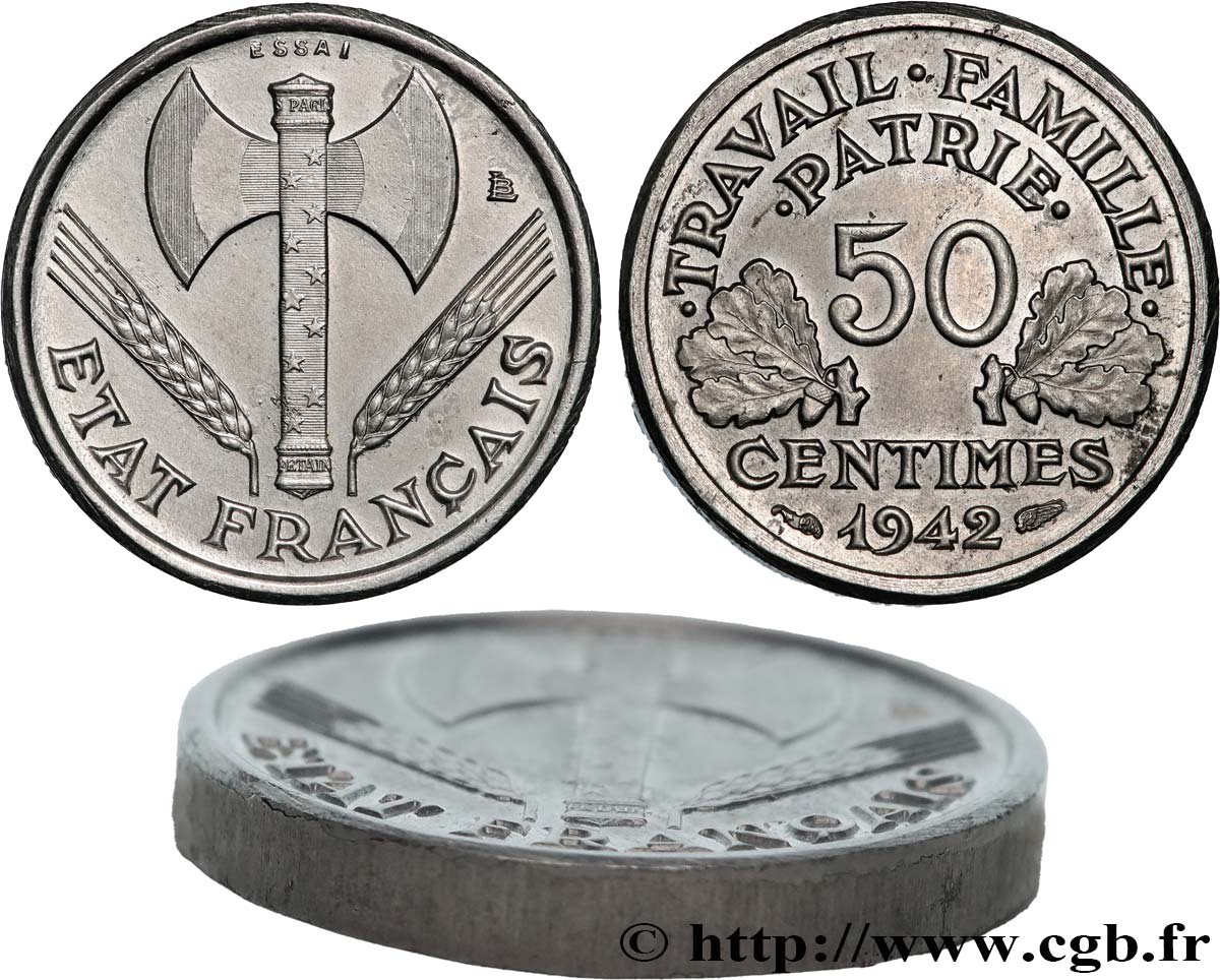 Essai-piéfort aluminium de 50 centimes Francisque, frappe médaille 1942 Paris GEM.86 EP1 MS 