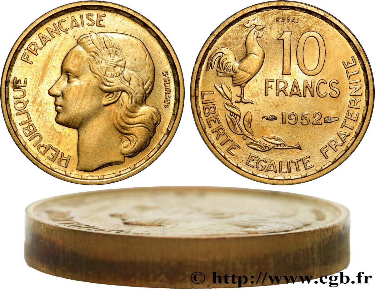 Essai-piéfort au double de 10 francs Guiraud 1952 Paris GEM.182 EP SPL 