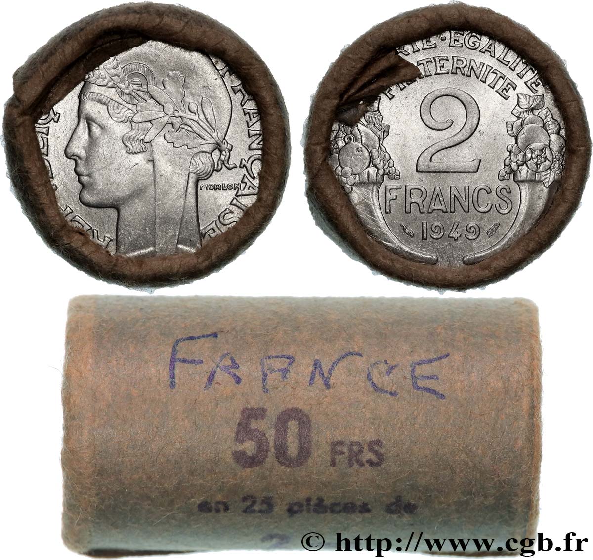 Rouleau de 25 pièces de 2 francs Morlon, aluminium 1949  F.269/14 SUP+/SPL 