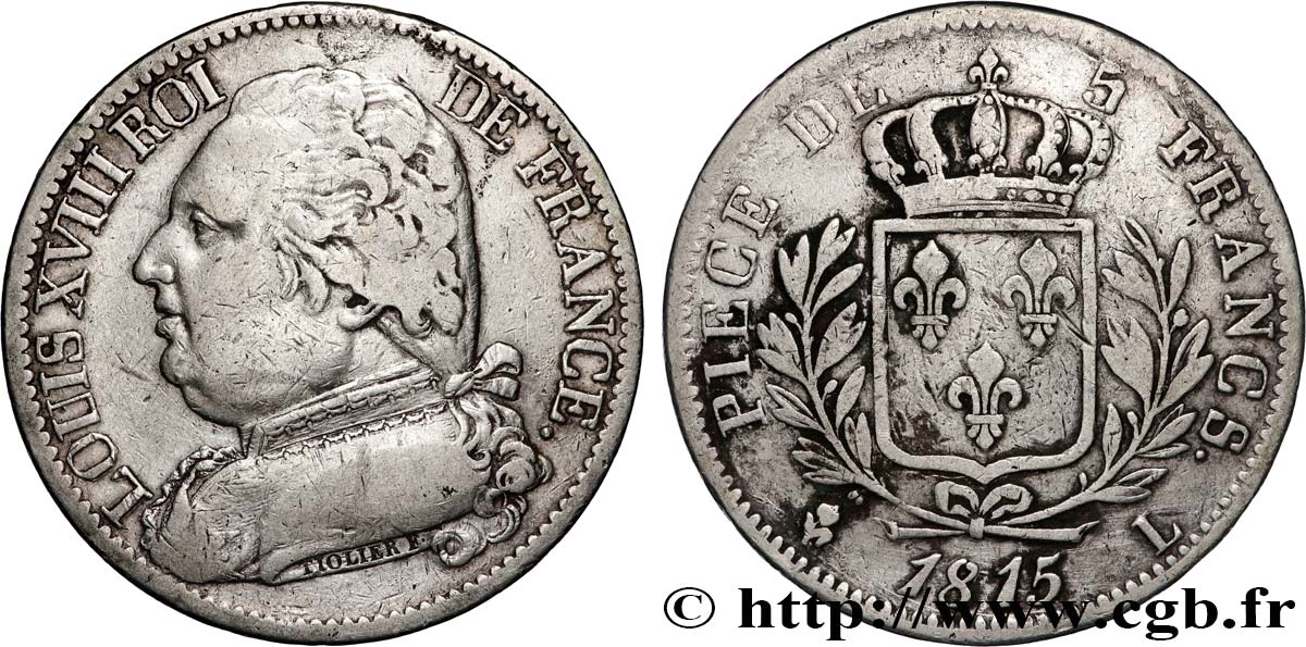 5 francs Louis XVIII, buste habillé 1815 Bayonne F.308/23 TB 
