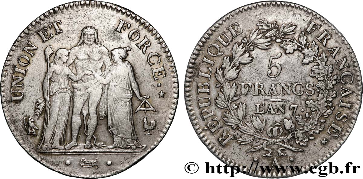 5 francs Union et Force, Union serré, avec glands intérieurs et gland extérieur 1799 Paris F.288/95 TB+ 