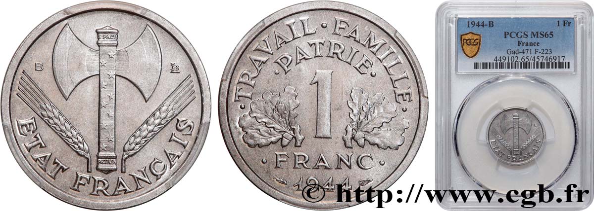 1 franc Francisque, légère 1944 Beaumont-Le-Roger F.223/6 ST65 PCGS