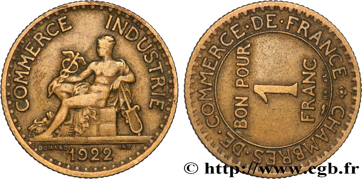 1 franc Chambres de Commerce, Fauté Coins Tournés -15 min/-90° 1922 Paris F.218/4 var. MB 