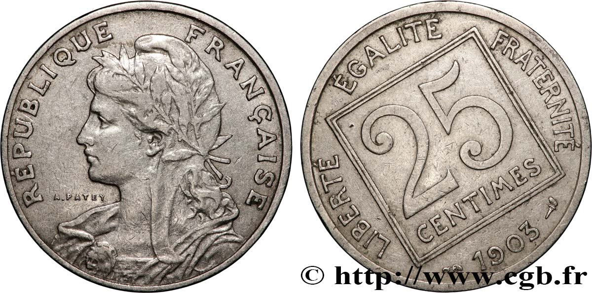 25 centimes Patey, 1er type, Fauté Coins Tournés -5 min/-30° 1903  F.168/3 var. VF 