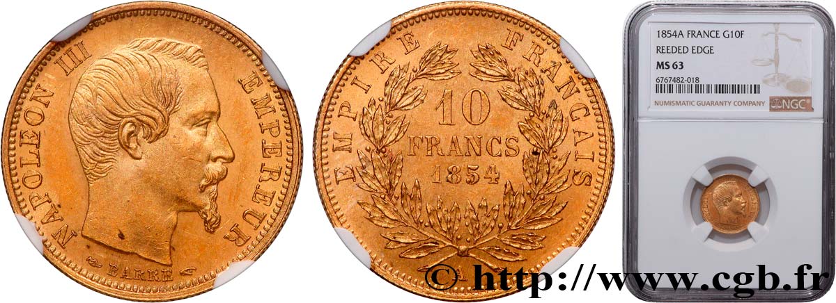 10 francs or Napoléon III, tête nue, petit module, tranche cannelée 1854 Paris F.505A/1 MS63 NGC