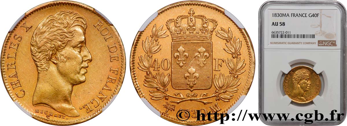 40 francs or Charles X, 2e type 1830 Marseille F.544/6 AU58 NGC