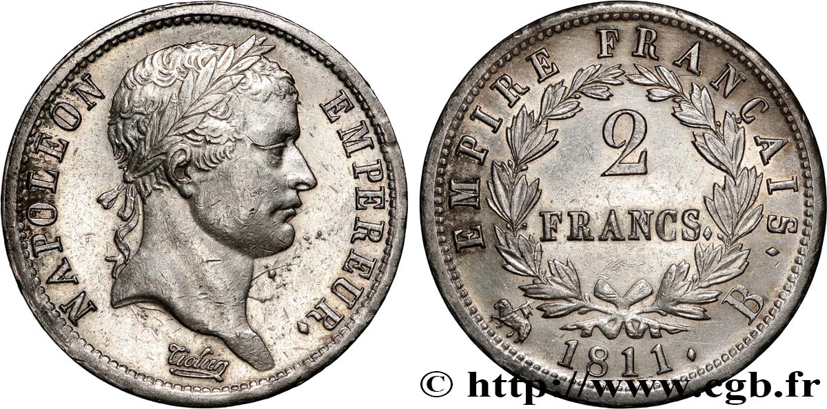 2 francs Napoléon Ier tête laurée, Empire français 1811 Rouen F.255/25 AU 