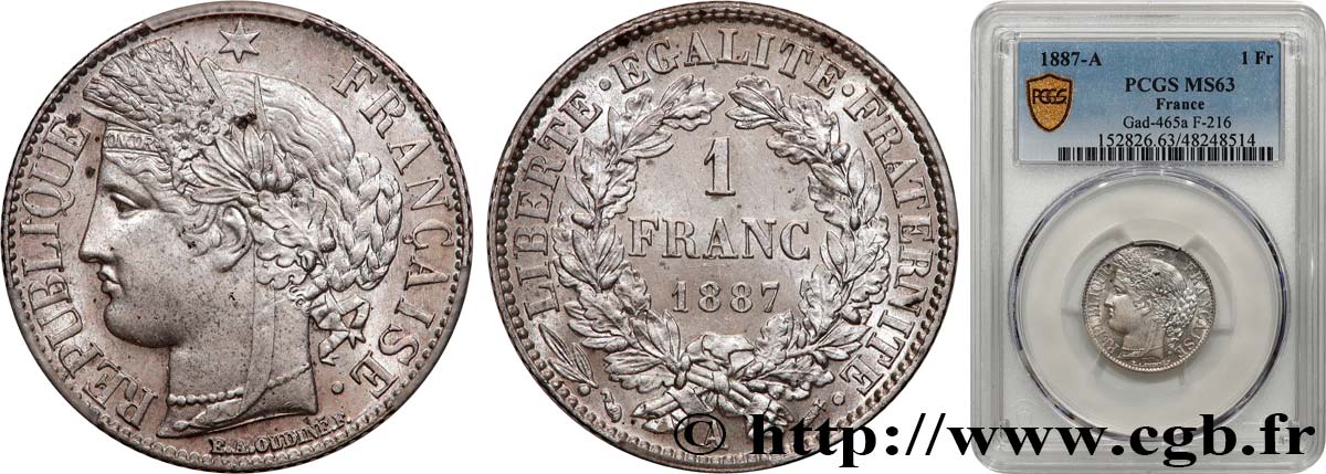 1 franc Cérès, IIIe République 1887 Paris F.216/9 SC63 PCGS