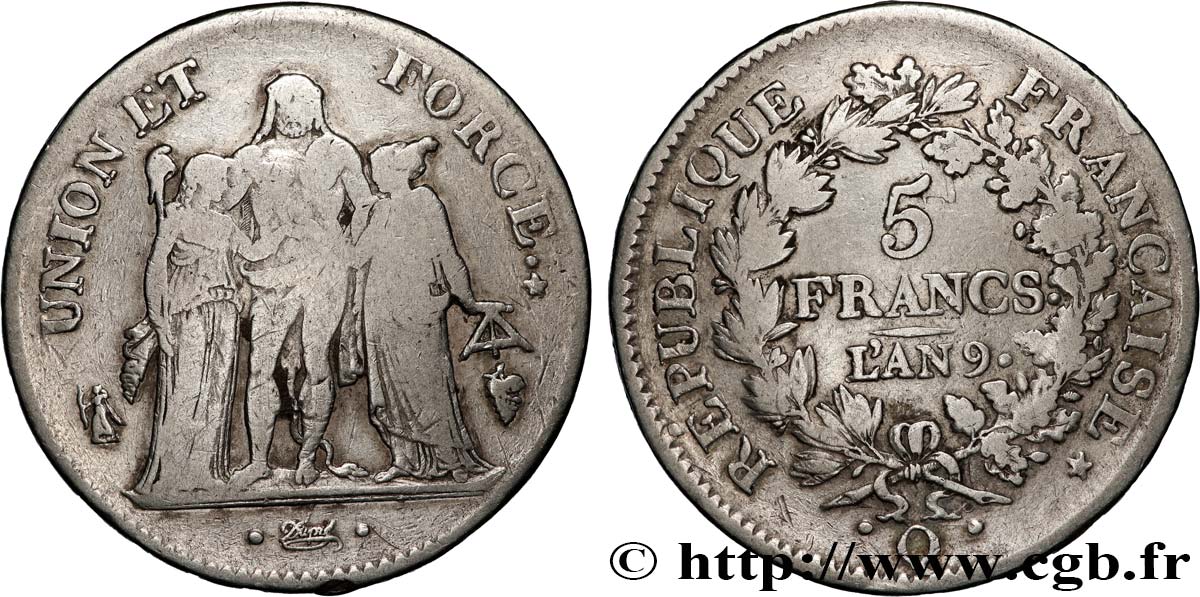 5 francs Union et Force, Union serré, avec glands intérieurs et gland extérieur 1801 Perpignan F.288/165 VF 