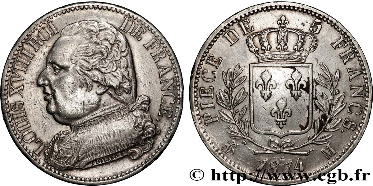 5 francs Louis XVIII, buste habillé 1814 Toulouse F.308/9 q.SPL 