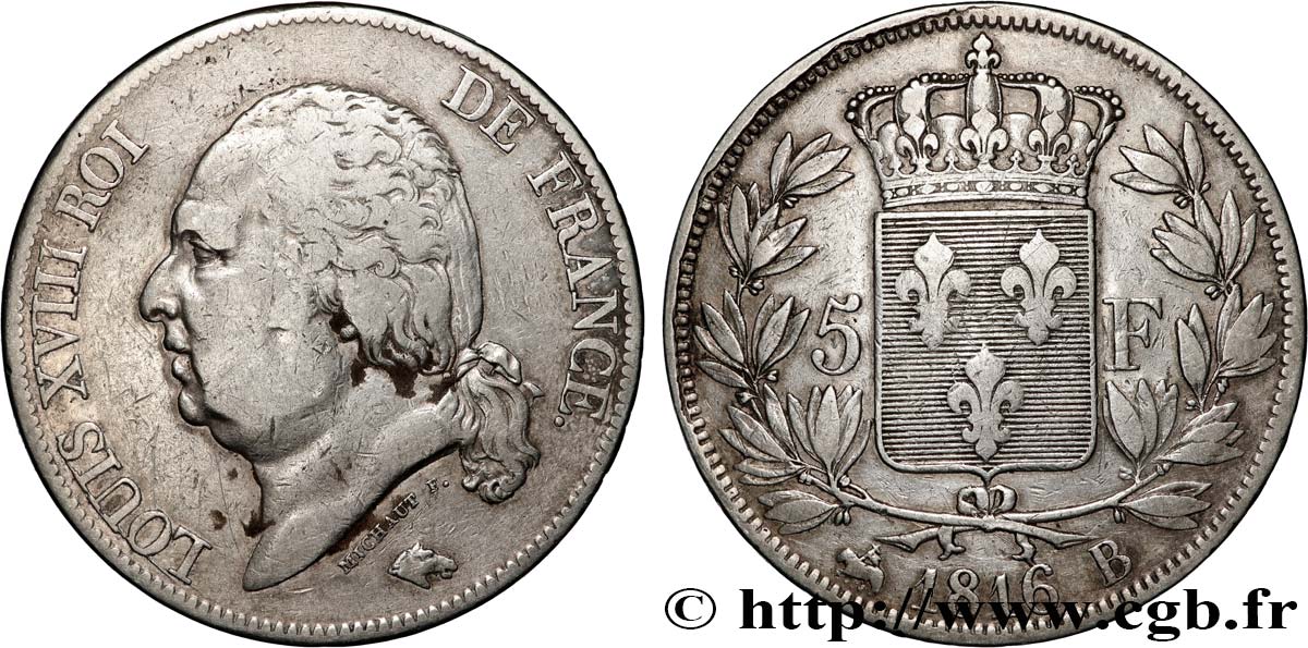 5 francs Louis XVIII, tête nue 1816 Rouen F.309/2 S 