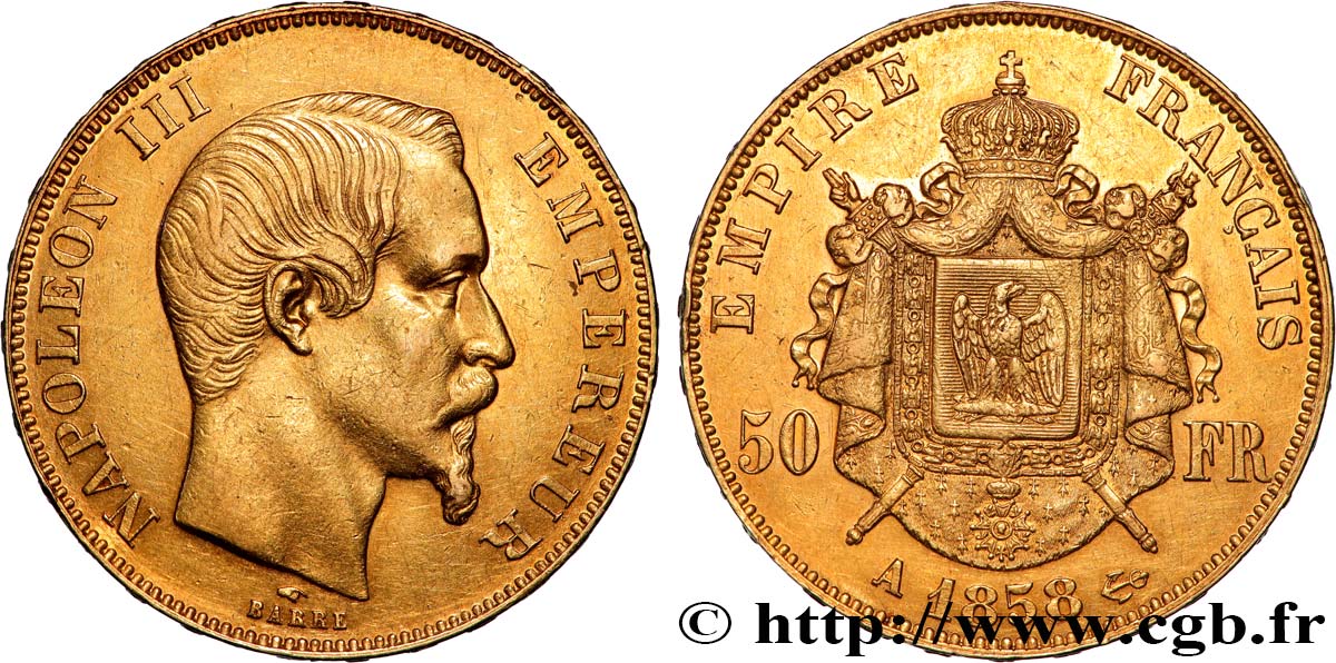 50 francs or Napoléon III, tête nue 1858 Paris F.547/5 TTB+ 