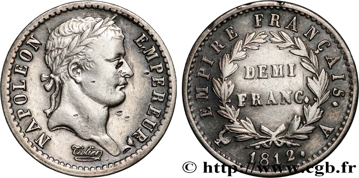 Demi-franc Napoléon Ier tête laurée, Empire français 1812 Paris F.178/35 TB+ 