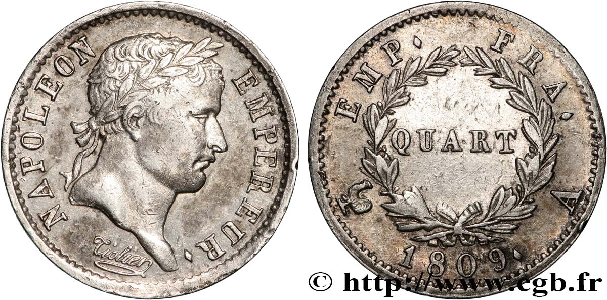 Quart (de franc) Napoléon Ier tête laurée, Empire français 1809 Paris F.162/1 SS 