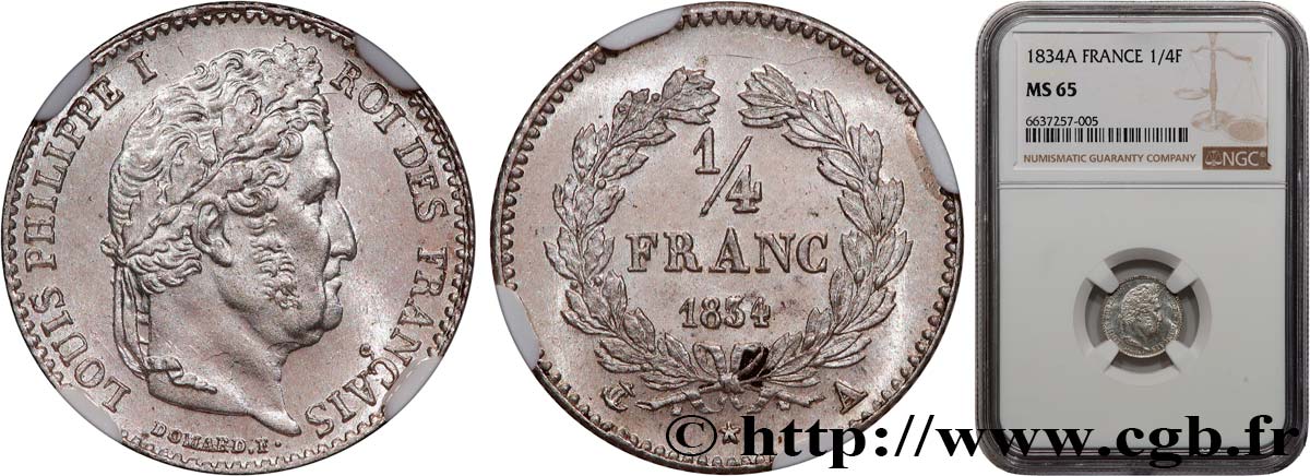 1/4 franc Louis-Philippe 1834 Paris F.166/37 MS65 NGC