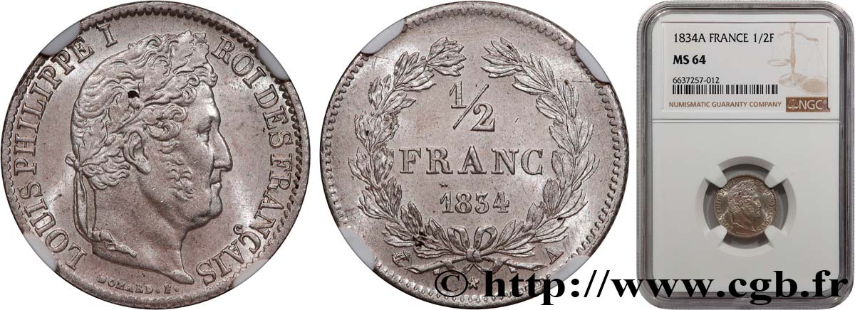 1/2 franc Louis-Philippe 1834 Paris F.182/40 MS64 NGC