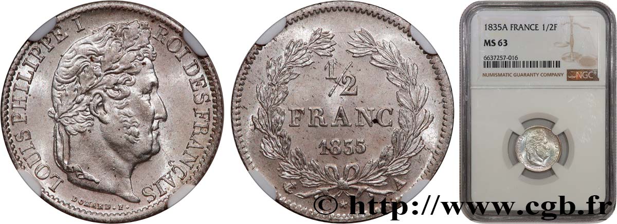 1/2 franc Louis-Philippe 1835 Paris F.182/53 SC63 NGC
