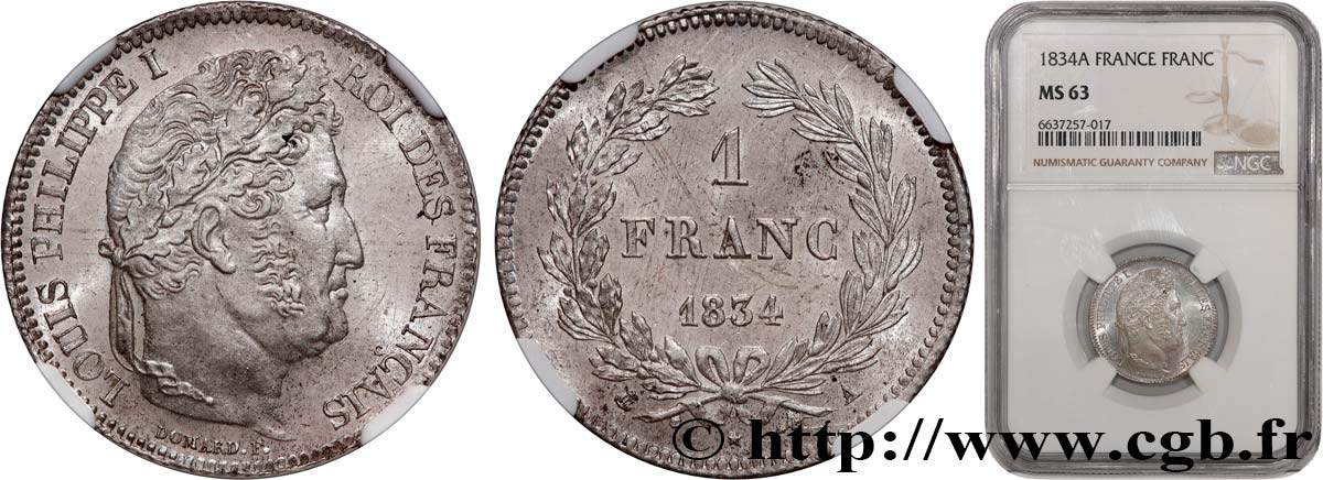 1 franc Louis-Philippe, couronne de chêne 1834 Paris F.210/27 fST63 NGC