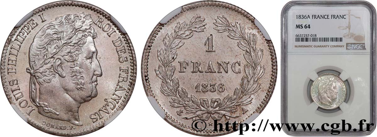 1 franc Louis-Philippe, couronne de chêne 1836 Paris F.210/50 fST64 NGC