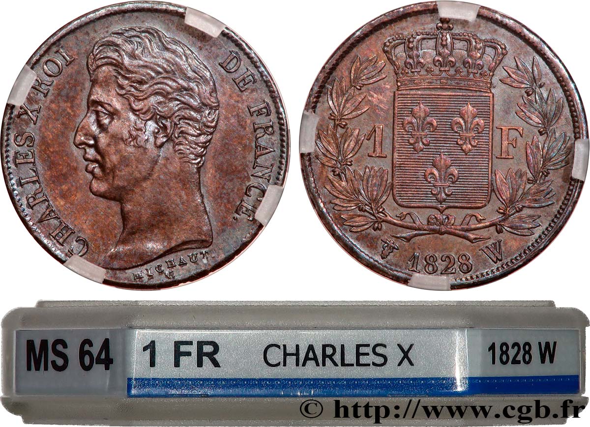 1 franc Charles X, matrice du revers à cinq feuilles 1828 Lille F.207/48 MS64 GENI