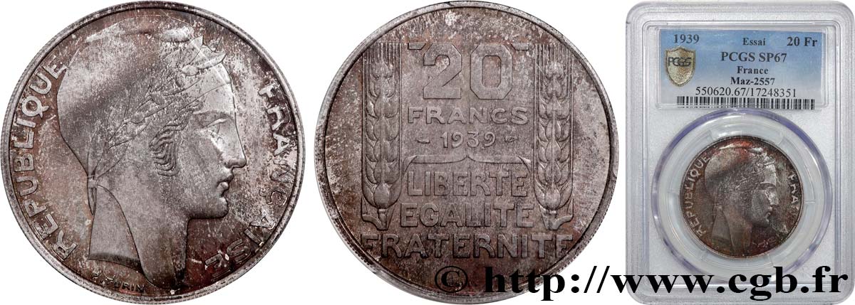 Essai de 20 francs Turin 1939 Paris GEM.200 9 MS67 PCGS