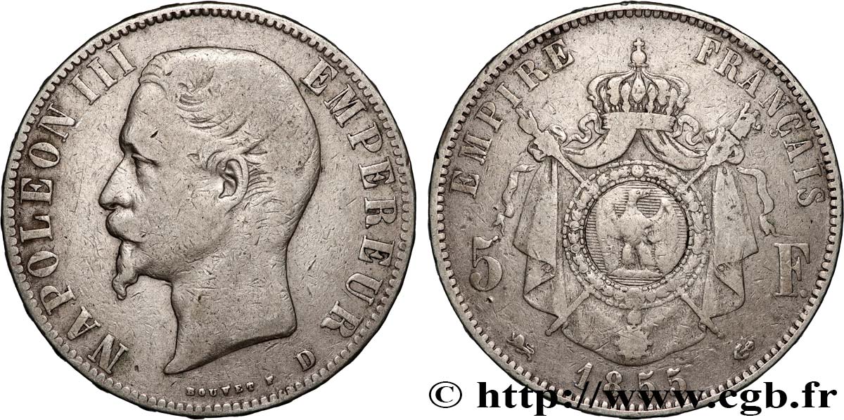 5 francs Napoléon III, tête nue 1855 Lyon F.330/5 BC 