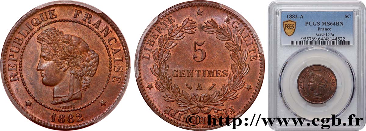 5 centimes Cérès 1882 Paris F.118/23 SC64 PCGS