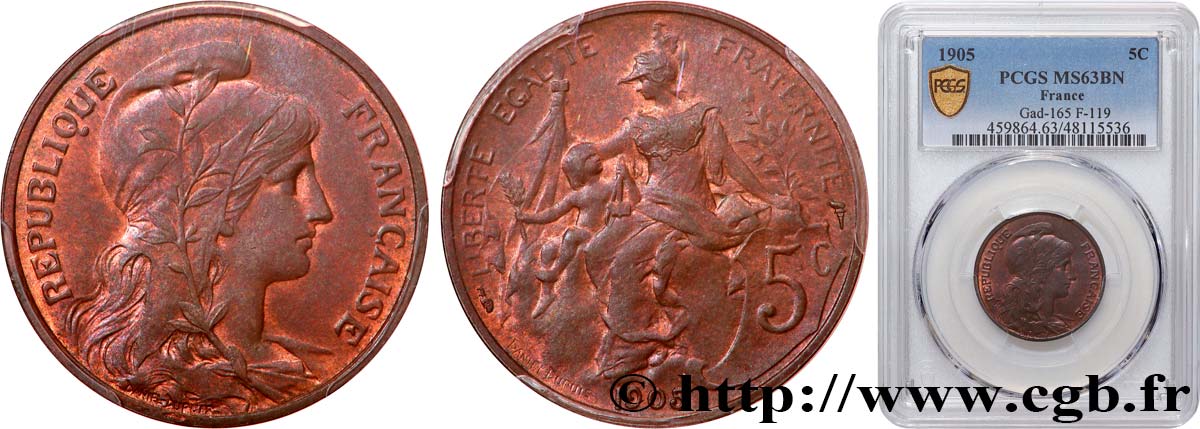5 centimes Daniel-Dupuis 1905  F.119/15 SPL63 PCGS