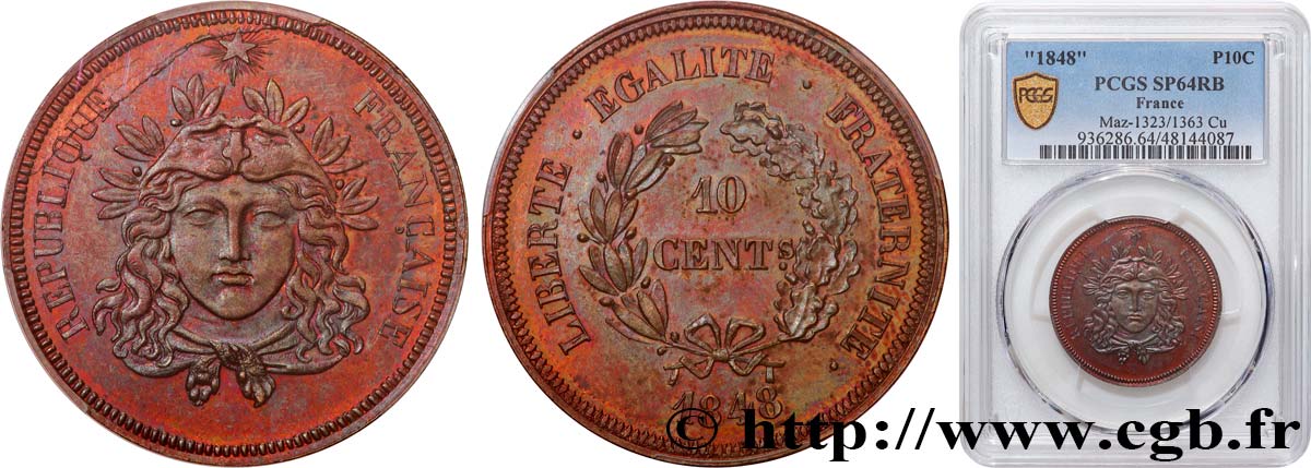 Concours de 10 centimes, essai en cuivre Gayrard, premier concours, troisième revers 1848 Paris Maz.1323 1363 MS64 PCGS