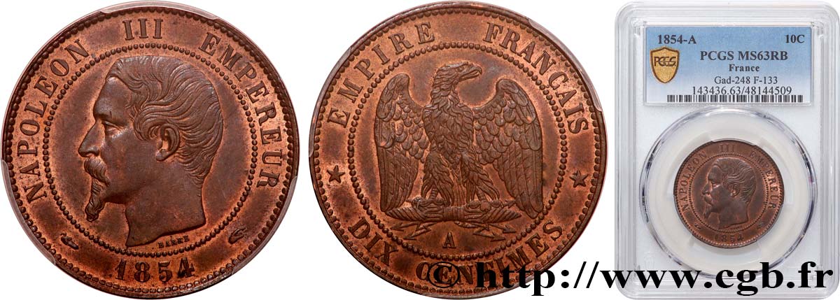 Dix centimes Napoléon III, tête nue 1854 Paris F.133/11 MS63 PCGS