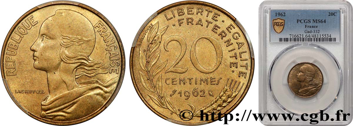 20 centimes Marianne 1962 Paris F.156/2 SPL64 PCGS