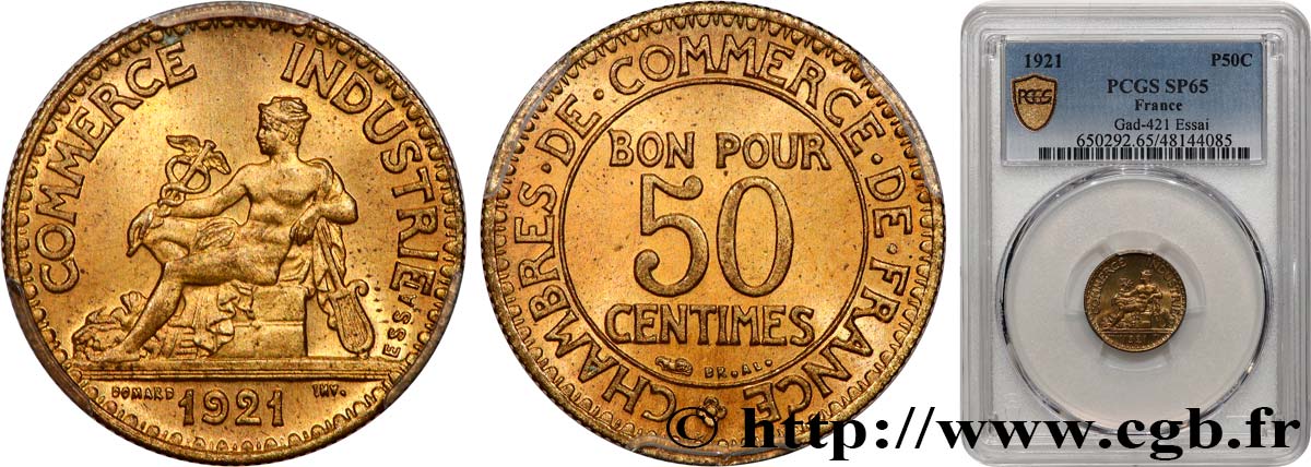 Essai de 50 centimes Chambres de Commerce 1921 Paris F.191/2 FDC65 PCGS
