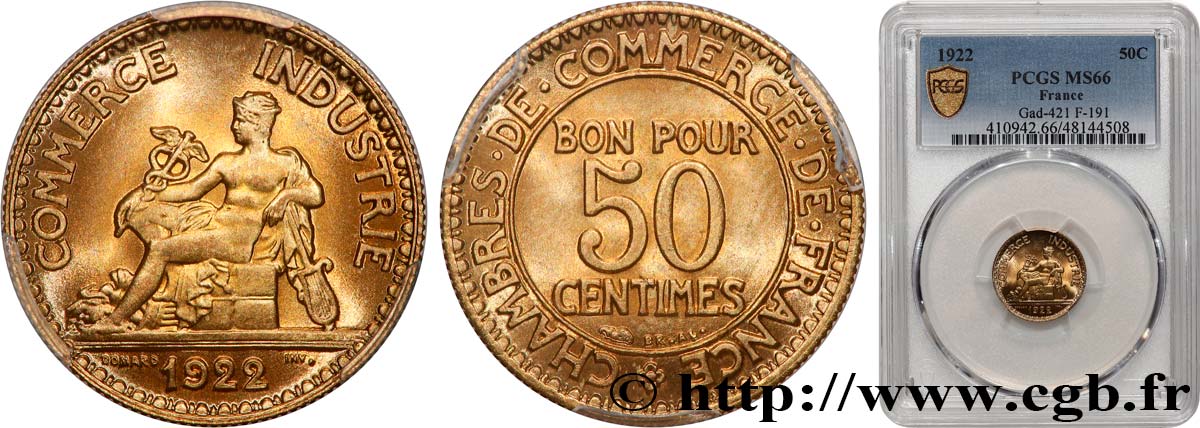 50 centimes Chambres de Commerce 1922 Paris F.191/4 MS66 PCGS