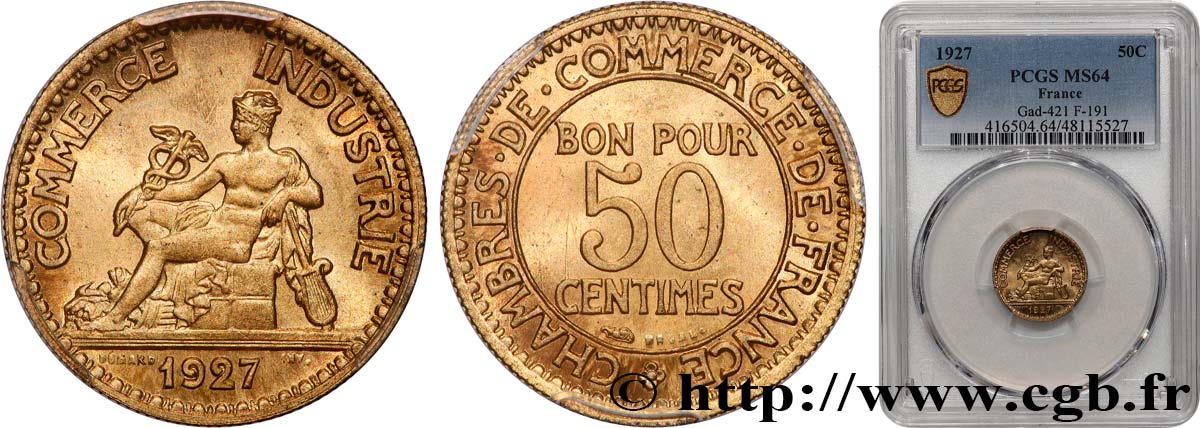 50 centimes Chambres de Commerce 1927 Paris F.191/9 fST64 PCGS