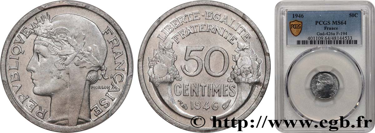 50 centimes Morlon, légère 1946  F.194/8 fST64 PCGS