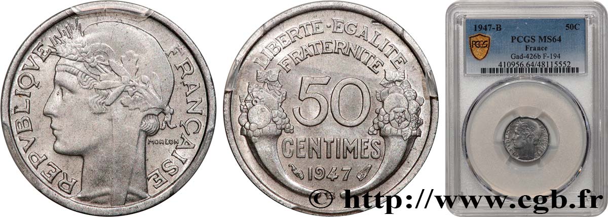 50 centimes Morlon, légère 1947 Beaumont-le-Roger F.194/11 MS64 PCGS