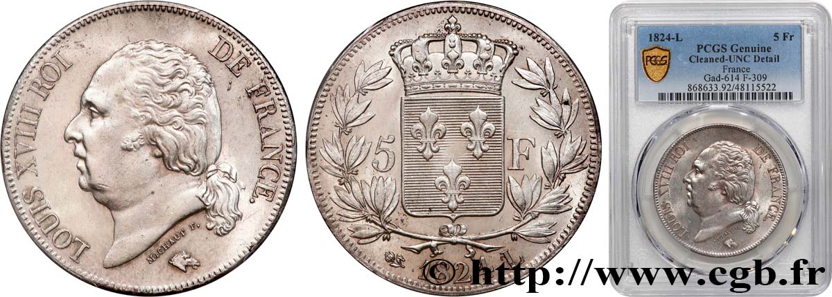 5 francs Louis XVIII, tête nue 1824 Bayonne F.309/94 MS PCGS