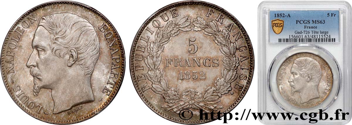 5 francs Louis-Napoléon, 2ème type 1852 Paris F.329/2 SC63 PCGS