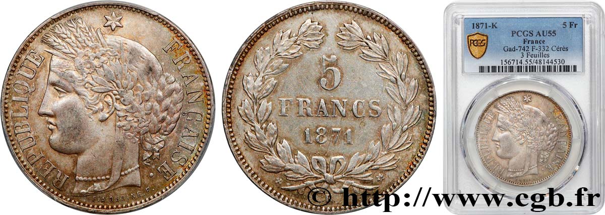 5 francs Cérès, sans légende 1871 Bordeaux F.332/8 SPL55 PCGS