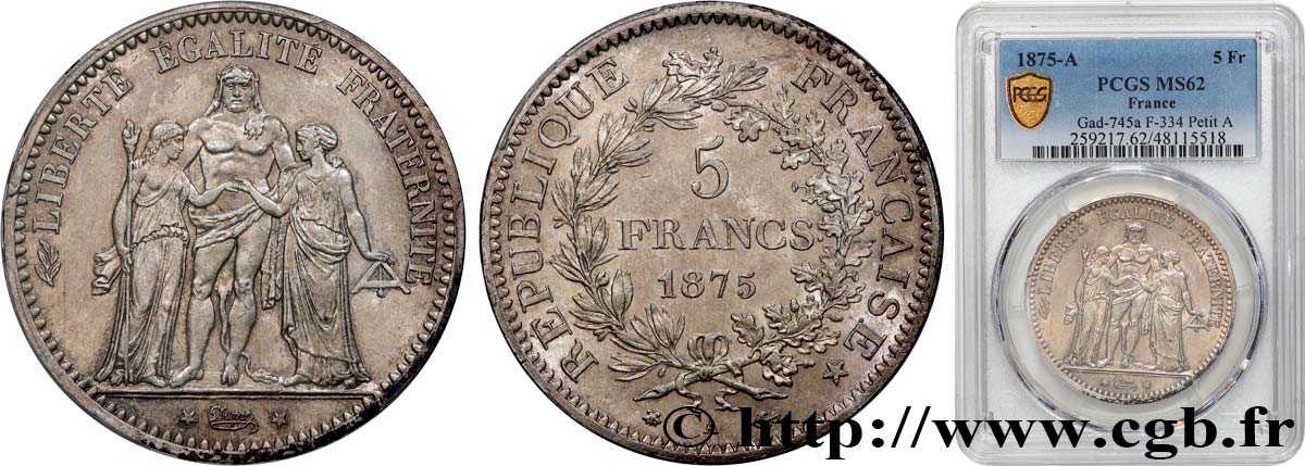 5 francs Hercule, petit A 1875 Paris F.334/15 SPL62 PCGS