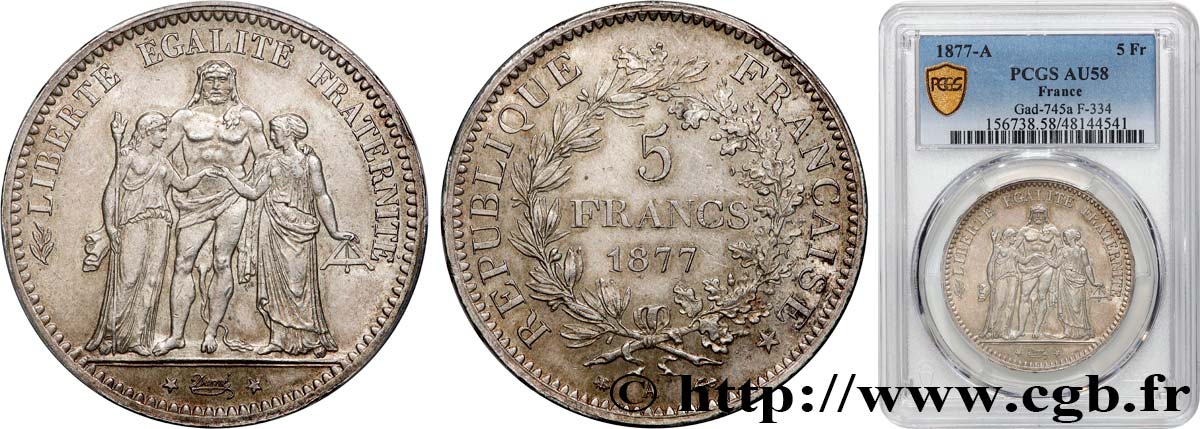 5 francs Hercule 1877 Paris F.334/19 EBC58 PCGS