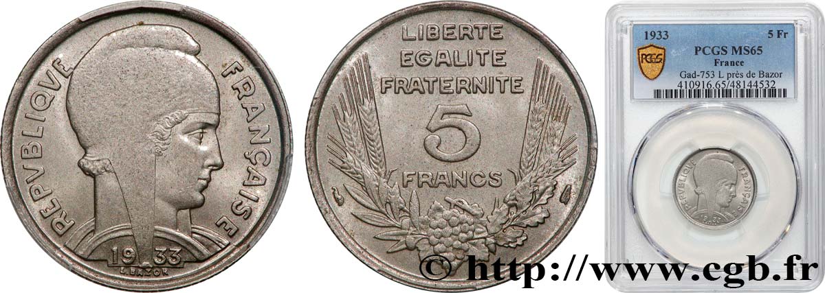 5 francs Bazor 1933  F.335/2 MS65 PCGS