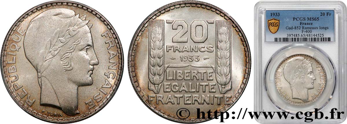 20 francs Turin, Rameaux Longs 1933  F.400/5 FDC65 PCGS