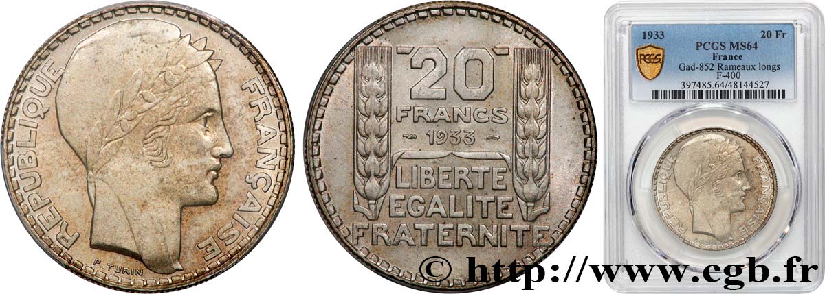 20 francs Turin, Rameaux Longs 1933  F.400/5 fST64 PCGS