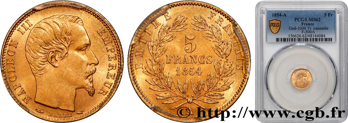 5 francs or Napoléon III, tête nue, petit module, tranche cannelée 1854 Paris F.500A/1 MS62 PCGS