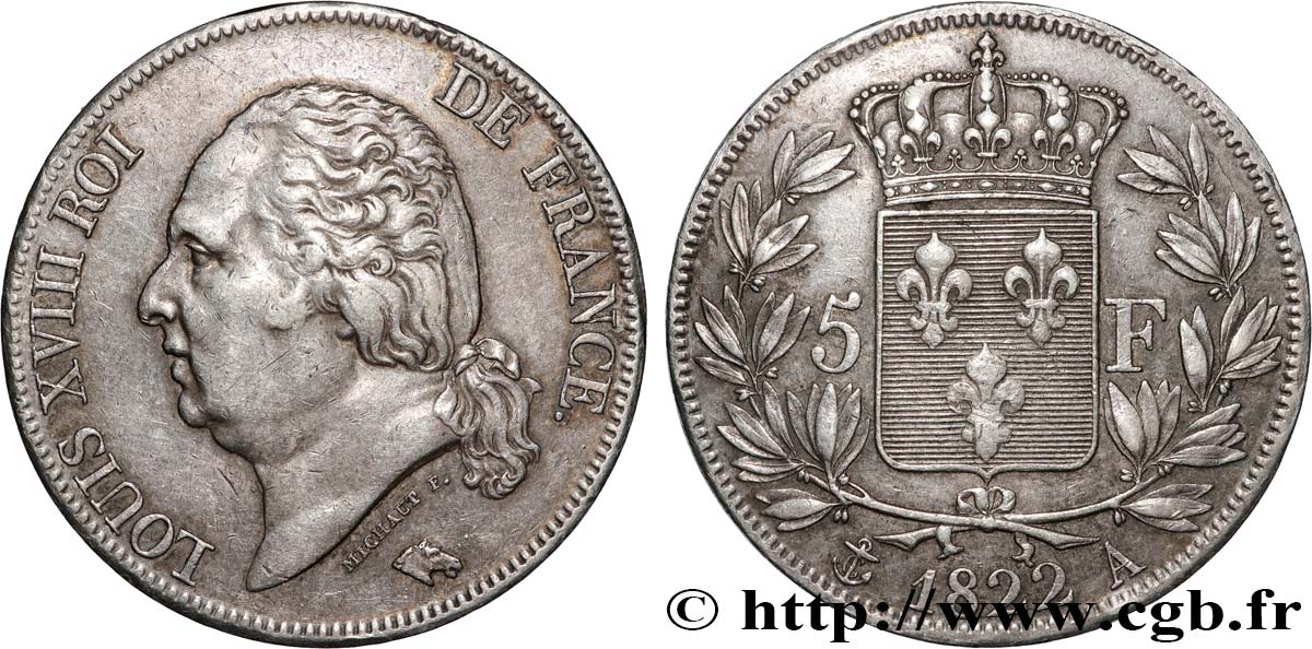 5 francs Louis XVIII, tête nue 1822 Paris F.309/68 XF 