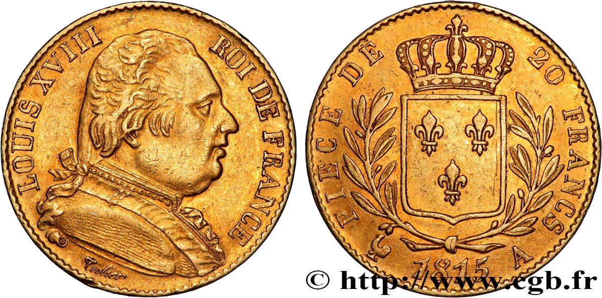 20 francs or Louis XVIII, buste habillé 1815 Paris F.517/10 XF 