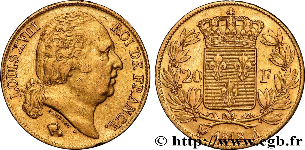 20 francs or Louis XVIII, tête nue 1818 Paris F.519/10 BC+ 