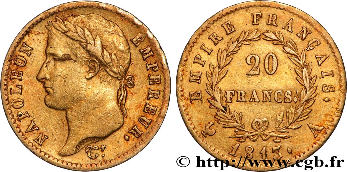 20 francs or Napoléon tête laurée, Empire français 1813 Paris F.516/30 XF 