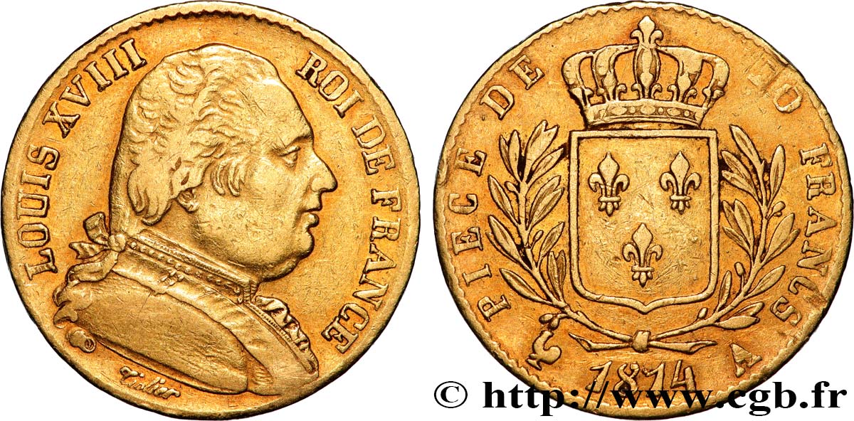 20 francs or Louis XVIII, buste habillé 1814 Paris F.517/2 TB+ 